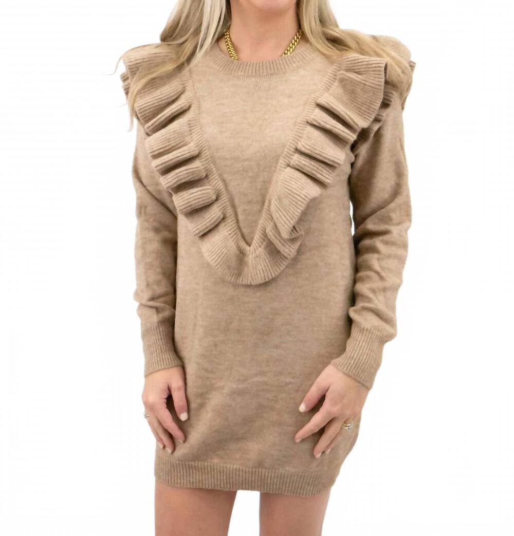 NEW ENTRO ruffle mini sweater dress in oatmeal